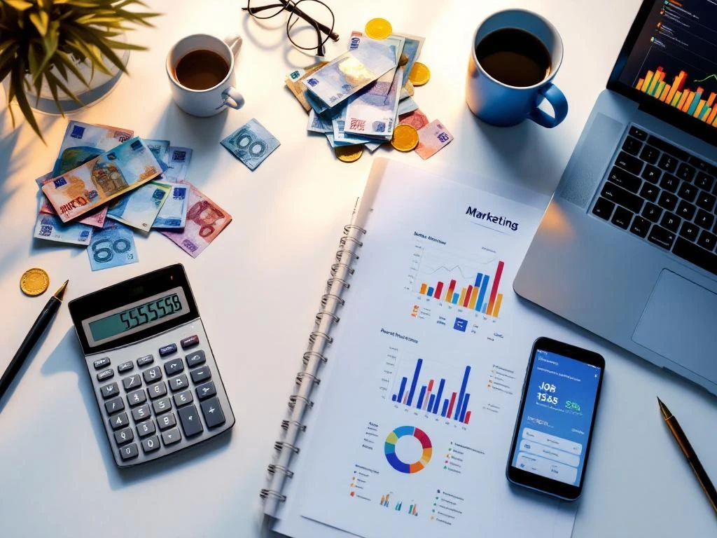 Moderne kantoorwerkplek met rekenmachine, eurobiljetten, marketingrapport met grafieken en laptop met analytics