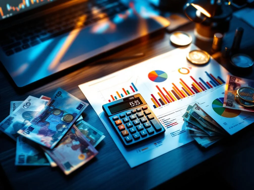 Calculator met salarisgegevens op bureau met marketinggrafieken, euro bankbiljetten en laptop met analytics dashboard