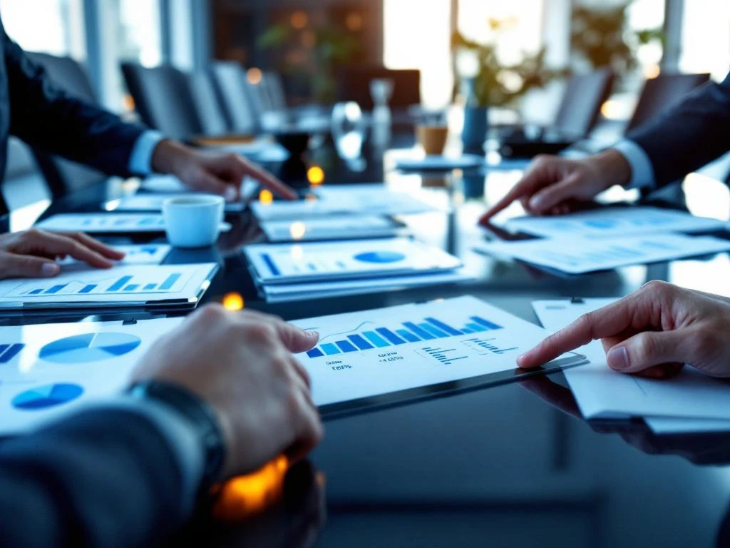 Zakelijke handen wijzen naar marketinggrafieken en analytics op conferentietafel in moderne boardroom