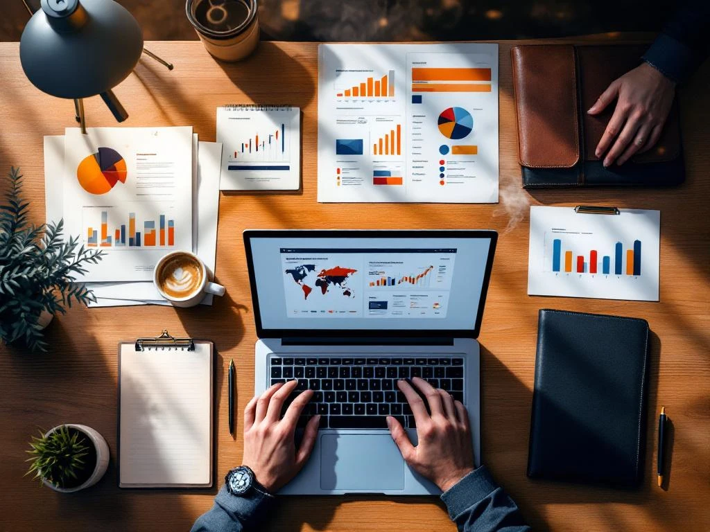 Professionele bureauopstelling met laptop met marketingdashboard, sollicitatiedocumenten, portfolio en koffie op houten tafel