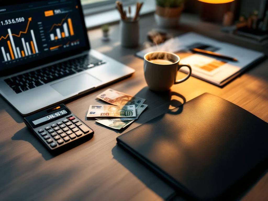 Moderne werkplek met laptop, calculator, euro bankbiljetten en marketing portfolio op bureau met koffiekop