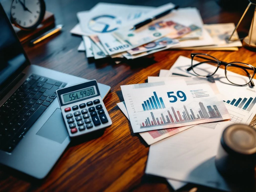 Mahonie bureau met calculator, eurobiljetten, laptop met financiële grafieken en professionele documenten