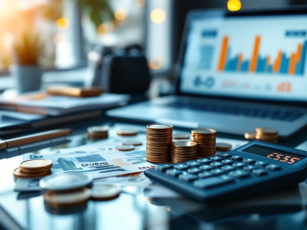 Glazen bureau met calculator, eurobankbiljetten en laptop met financiële grafieken voor salaris en carrièregroei
