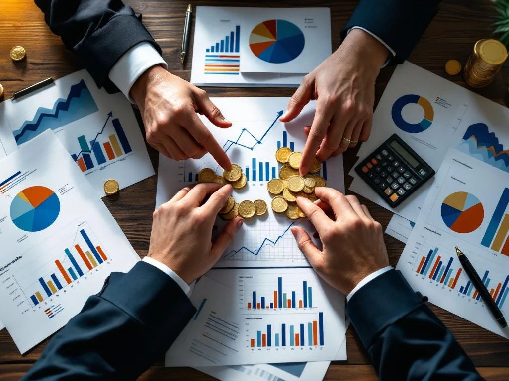 Zakelijke handen boven salarisonderhandelingsdocumenten met marketinggrafieken, gouden munten en calculator op bureau