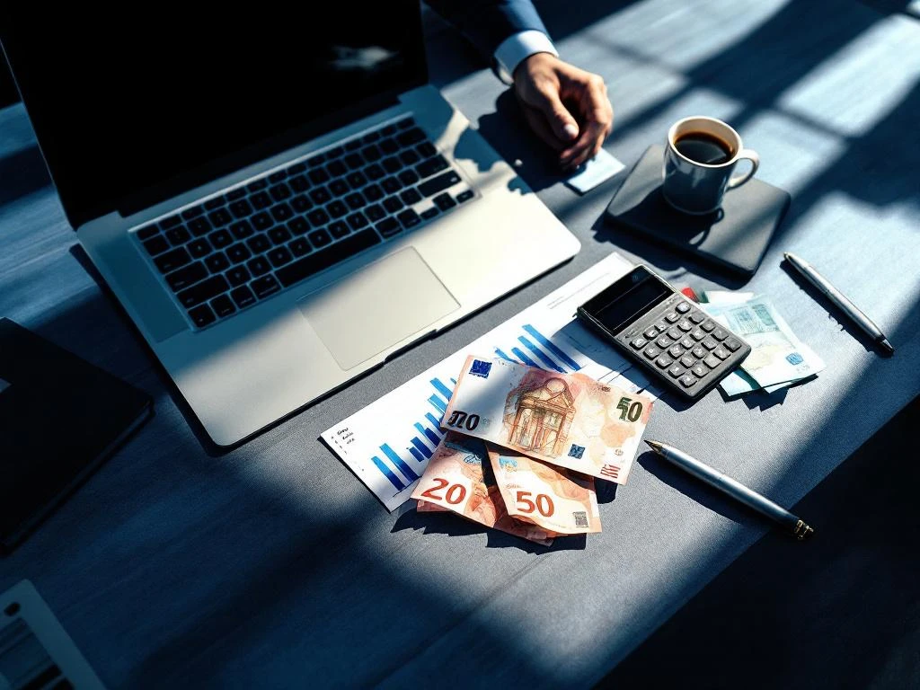 Professioneel bureau van bovenaf met laptop met stijgende verkoopgrafieken, eurobiljetten, pen en calculator