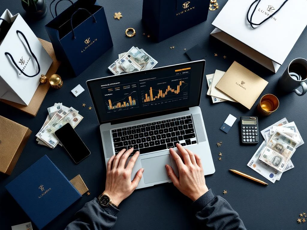 Laptop met financiële grafieken op bureau omringd door luxe boodschappentassen, eurobiljetten en calculator