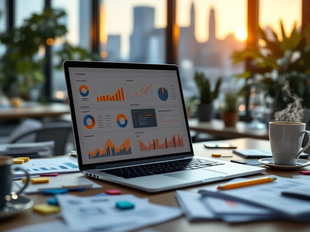 Laptop met marketing analytics dashboards op professioneel bureau met koffie en notities in modern kantoor